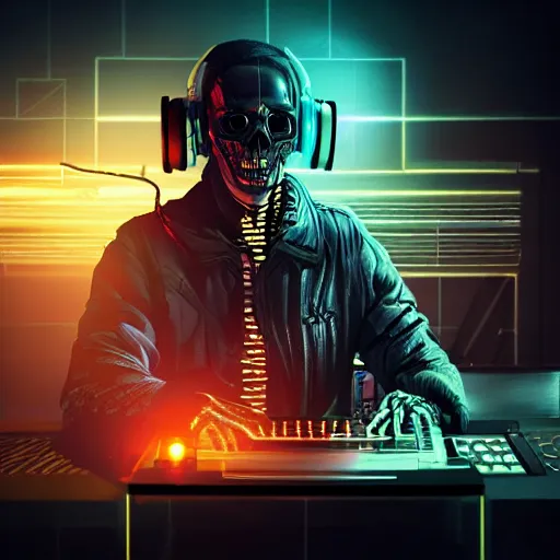 Prompt: cyberpunk skeleton with headphones playing synthesizer, smoky lights, lasers, highly detailed, realistic, dusty, technology and magic,