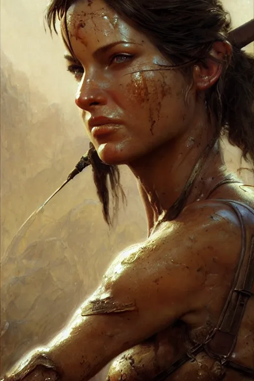 Image similar to muscular sweat lara croft, covers with mud exhausted face close up, highly detailed painting by gaston bussiere, craig mullins, j. c. leyendecker 8 k