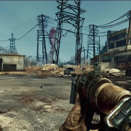 Prompt: ryan gosling in fallout 4 holds a minigun in his hands