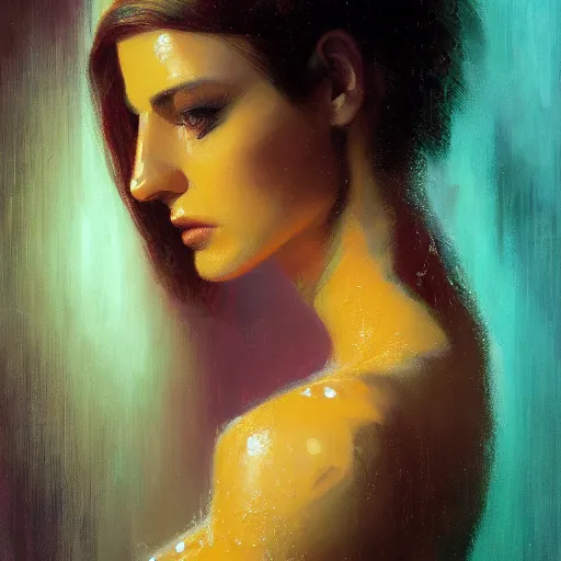 Image similar to detailed face of a woman clothed wrapped in textiles, lush, opulent, fauna, utopian, tech noir, wet reflections, prism, atmospheric, ambient, pj crook, syd mead, livia prima, artgerm, greg rutkowski, nick alm, casey baugh