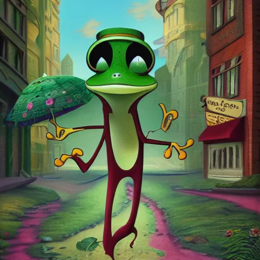 Prompt: highly detailed matte painting in the style of michigan j. frog, a silly tree frog walking down the road by mark ryden, chuck jones, lowbrow, 8 k resolution
