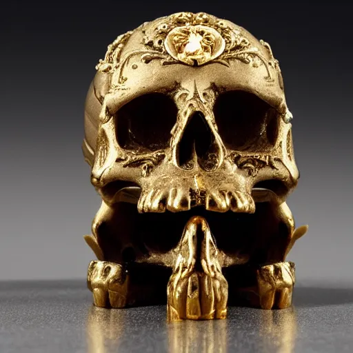 Image similar to a orante human skull with rococo carvings and gold plated detailing encased in an icecube