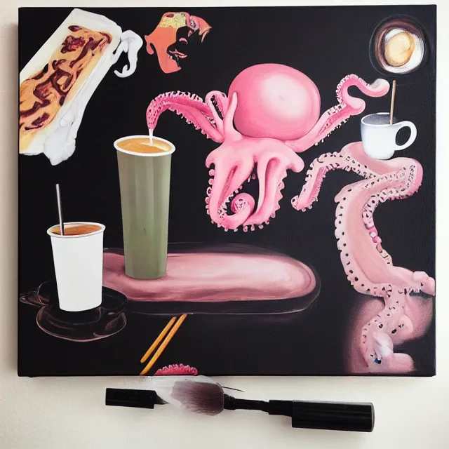 Image similar to sensual, a portrait in a female art student's bedroom, black walls, a woman drinking iced latte, pancakes, maple syrup dripping, chocolate, surgical supplies, ikebana, octopus, neo - expressionism, surrealism, acrylic and spray paint and oilstick on canvas