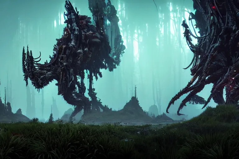 Image similar to wide epic shot from horizon forbidden west. a hyper detailed organic mechanic creatuve realistic similar look as horizon forbidden west horizon zero dawn, bioluminiscence in a dark deep forest at dawn in spring, with reflection and textures, by kilian eng, substance painter reaslitic mech surface metal painted scratches, world env from horizon forbidden west horizon zero dawn