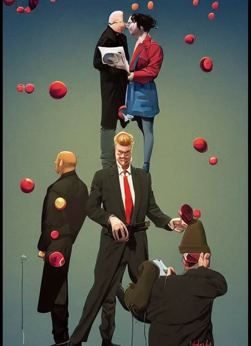 Prompt: poster artwork by Michael Whelan and Tomer Hanuka, Karol Bak of Jim Gaffigan blowing single perfect bubblegum, he's a hitman in peacoat, from scene from Twin Peaks, clean, simple nostalgic, domestic, norman rockwell