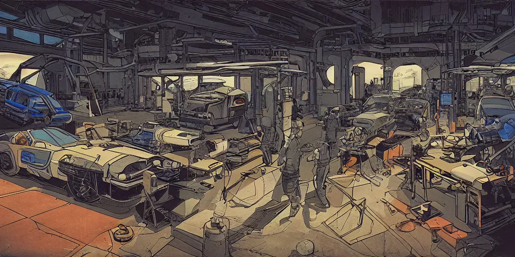 Image similar to an illustration of a mechanics workshop. interior. science fiction art. moebius. futuristic. high detail. digital painting.