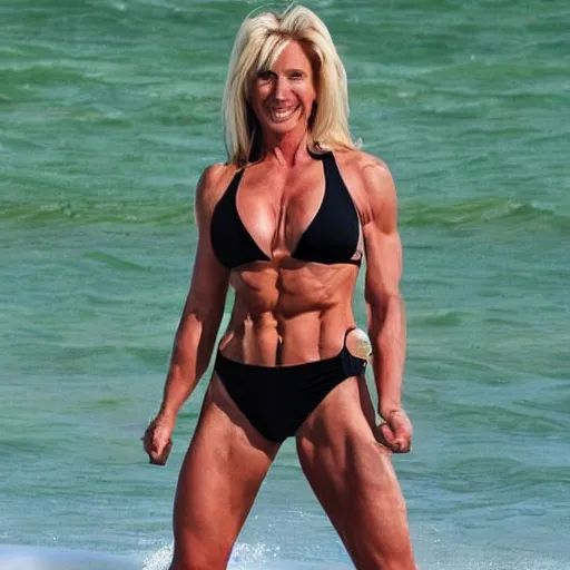 Image similar to a woman who is a genetic combination of hulk hogan and donald trump face and upper - body focus