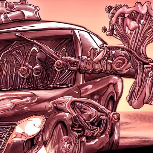 Image similar to car made of living flesh, biopunk, half machine half creature