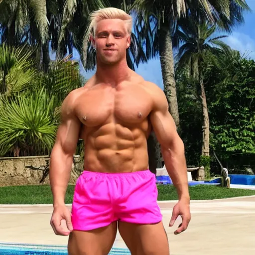 Prompt: a handsome male fitness model with blonde hair, ken, who is a male android, muscular, wearing a cut - off pink top and short light orange shorts, stands by a swimming pool, facing forward