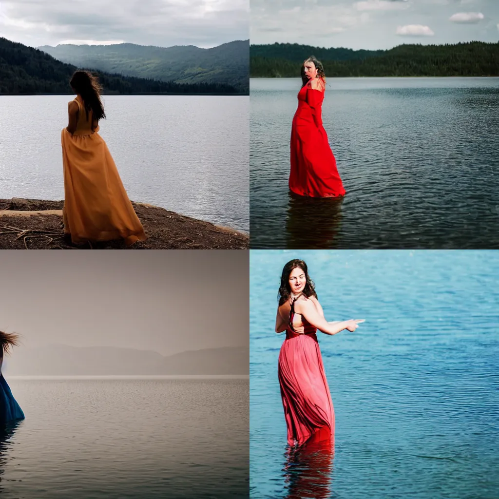 Prompt: a beautiful woman in a dress emerging from a lake