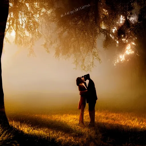 Image similar to a fantastic dreamy image of a vision of a couple having a loving kiss, in the form of spirit people dreaming, ethereal, dreamlike, misty, godrays, golden amber light