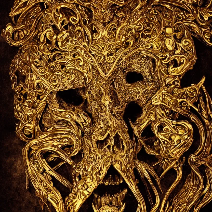 Image similar to photo portrait of skull of wolf, lying on bones, dramatic lighting, golden ornaments, symmetric, intricate skeletal decorations, symmetry, highly detailed, concept art, black, red, white, gold layers, super moon, style of nekroxiii, hyperrealistic, dark background, smoke