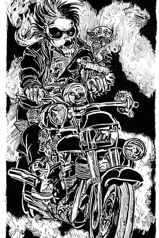 Image similar to hells angel biker riding through a burning street, intricate ink drawing, highly detailed in the style of jamie hewlett