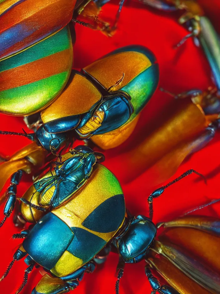 Prompt: close - up shot of a beautiful colorful beetle. insect eyes. complementary color scheme. by slim aarons, by kechun zhang. studio photography high quality highly detailed award winning photograph by national geographic, sculpture by antonio canova, renaissance painting. soft volumetric light