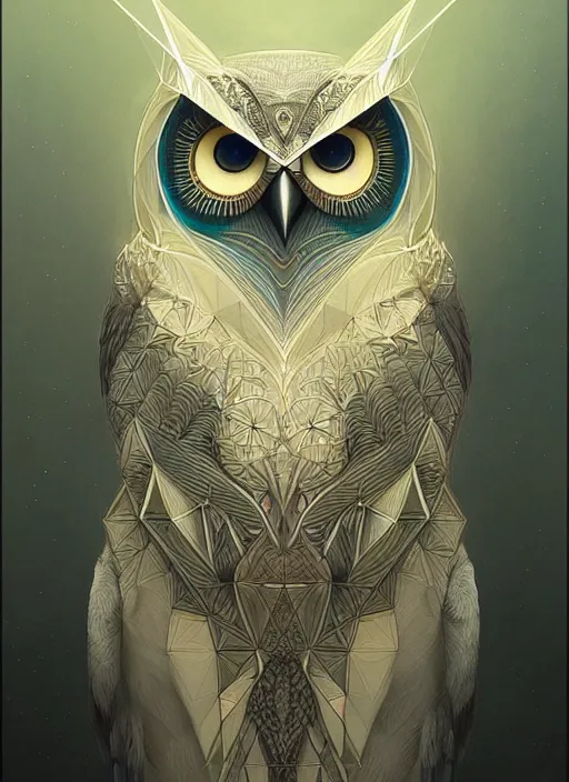 Image similar to portrait of a geometric owl, identical eyes, medium shot, illustration, full body made of white feathers, symmetrical, art stand, super detailed, cinematic lighting, and its detailed and intricate, gorgeous, by peter mohrbacher