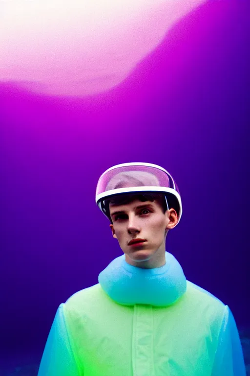 Image similar to high quality pastel coloured film mid angle portrait photograph of a beautiful young 2 0 year old male, soft features, short hair, perspex space visor and oversized inflated clothing!!!! icelandic black! rock pool environment. atmospheric three point light. photographic. art directed. ( pastel colours ). volumetric. clearcoat. waves. 8 k. filmic.