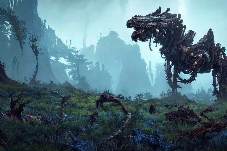 Image similar to wide epic shot from horizon forbidden west. a hyper detailed organic mechanic creatuve realistic similar look as horizon forbidden west horizon zero dawn, bioluminiscence in a dark deep forest at dawn in spring, with reflection and textures, by kilian eng, substance painter reaslitic mech surface metal painted scratches, world env from horizon forbidden west horizon zero dawn