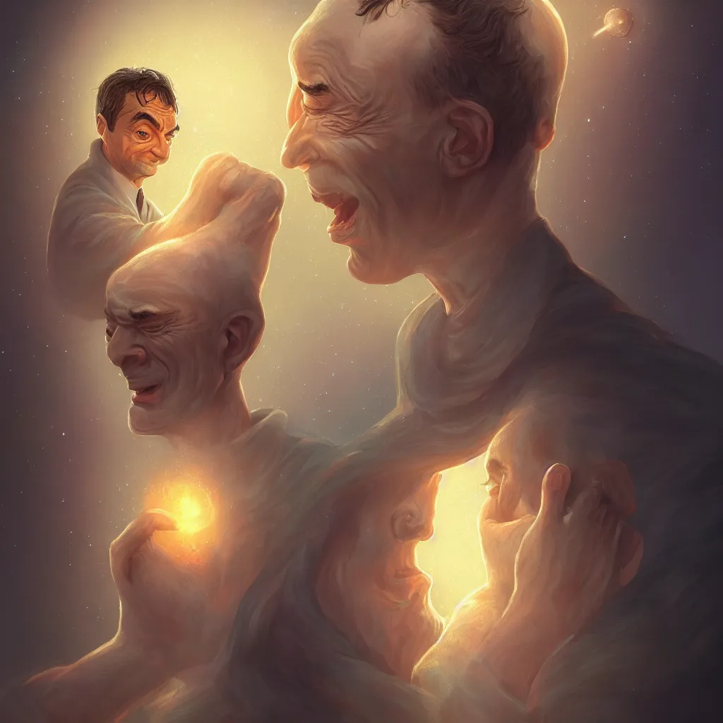 Image similar to Portrait of Mr Bean reaching enlightenment and becoming one with the universe, highly detailed, concept art, illustration, cinematic, artstation, digital painting, mystical, zen