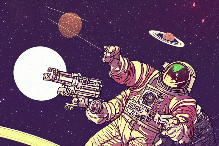 Prompt: an illustration of a space hero with a laser blaster with Saturn filling the background, 1950s sci-fi by Moebius, intricate linework, 4k, highly detailed