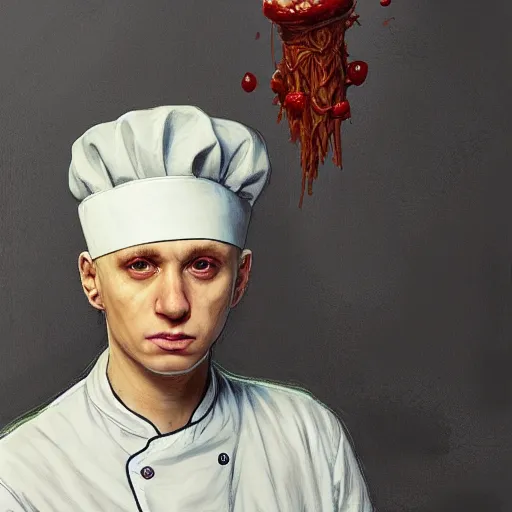 Image similar to slim shady as a pasta chef, highly detailed, intricate, digital painting, artstation, sharp focus, illustration, art by jakub rozalski, greg rutkowski, artgerm, tan zi and ayanamikodon and alphonse mucha and wlop