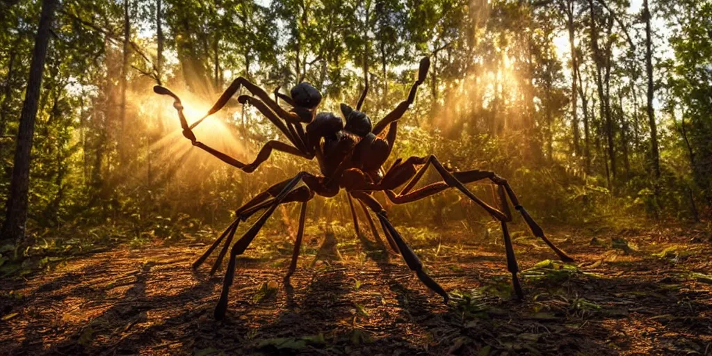 Image similar to a highly detailed giant ant god in the middle of a forest, beautiful ambient light, sun rays hitting the creature, golden hour, 8k photography