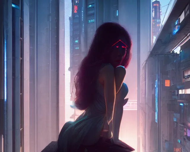 Image similar to 5 5 mm portrait photo of a beautiful young woman looking from a balcony. futuristic atmosphere. cyberpunk city. art by greg rutkowski. highly detailed 8 k. intricate. lifelike. soft light. nikon d 8 5 0.