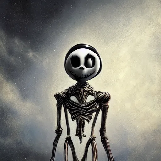 Prompt: michal karcz surrealism grunge Pastel drawing of the end of an astronaut happy in the galaxy. , in the style of jack skellington, in the style of a clown, loony toons style, horror theme, detailed, elegant, intricate, 4k, Renaissance painting