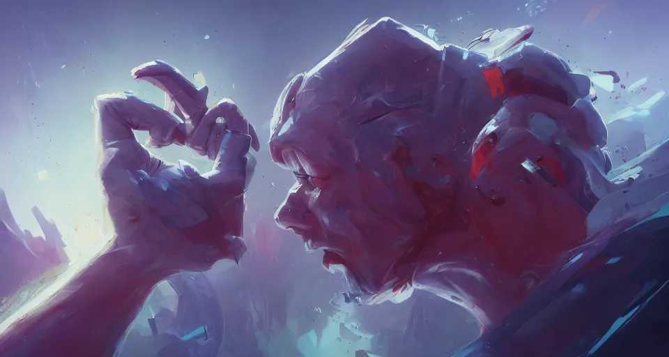 Prompt: Epic dramatic cinematic close-up character shot of a man pit against his mortal enemy in a thumb war for the fate of cosmic reality. Digital art. By Dominik Mayer, Anton Fadeev, and Alena Aenami. Masterpiece. Trending on Artstation and CGsociety. World's greatest artistry. HDR. 4k. Amazing incredible awesome awe-struck fantastic intriguing. Creative use of colors. Fantastic lighting.