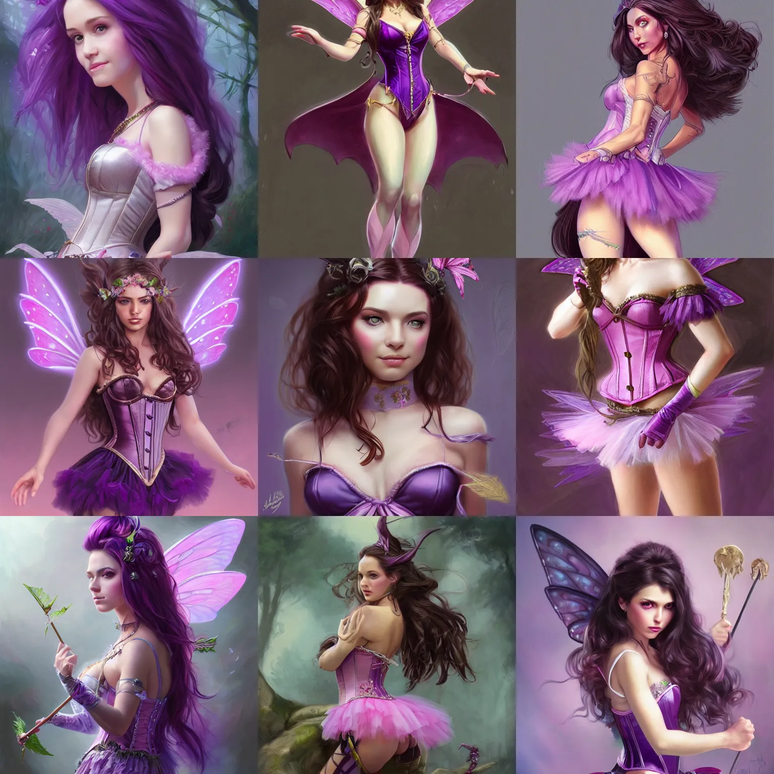 Prompt: brunette fairy woman with long hair, wearing purple corset and pink tutu, centered, fantasy, highly detailed, digital painting, trending on artstation, concept art, sharp focus, illustration, art by artgerm and greg rutkowski and magali villeneuve