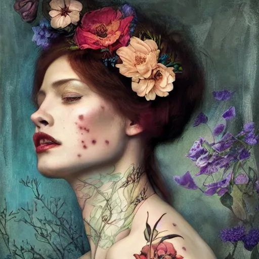 Prompt: flower queen, by annie swynnerton and tino rodriguez and tom bagshaw, dramatic lighting, floral tattoos, rich colors, smooth sharp focus, extremely detailed, adolf wolfli