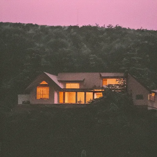 Prompt: very grainy photo of a house on a hill during dusk