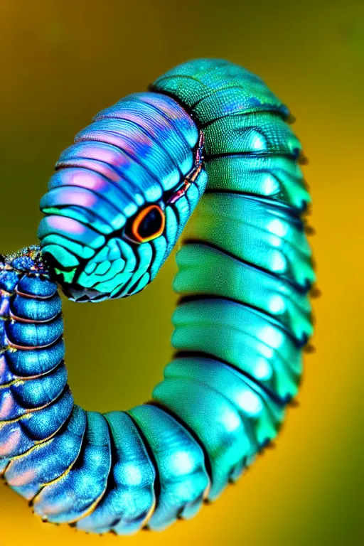 Prompt: high quality macro photo iridescent cyborg full caterpillar! cute highly detailed david ligare elson peter cinematic teal lighting high quality low angle hd 8k sharp shallow depth of field