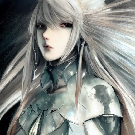 Image similar to full body character design character design of an anime girl with long white hair wearing Elden Ring armor with engraving in the style of Yoji Shinkawa, expressive brush strokes, hairs fluttering on the wing, noisy film grain effect, highly detailed, Renaissance oil painting, weird portrait angle, blurred lost edges, three quarter view