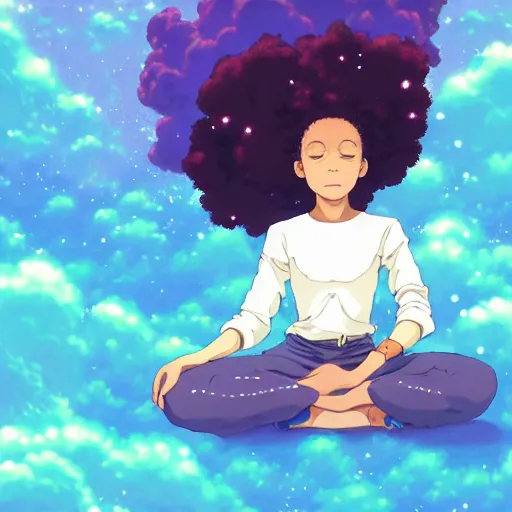 Prompt: ( a young black girl with a nebula afro and third eye ), meditating on a cloud, trending on pixiv fanbox, painted by makoto shinkai takashi takeuchi studio ghibli, akihiko yoshida, yoshitaka amano, wangechi mutu, clean cel shaded vector art, retrowave colors, illustration, hd, 8 k