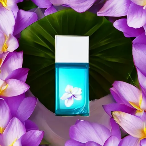 Image similar to centered bright perfume bottle sitting in shallow clear blue rippling water surrounded by a plethora of white flowers and tropical leaves and fauna upfront, with dreamy bright blue sky and clouds in the background, softly - lit, soft - warm, zen, light, modern minimalist f 2 0 clean
