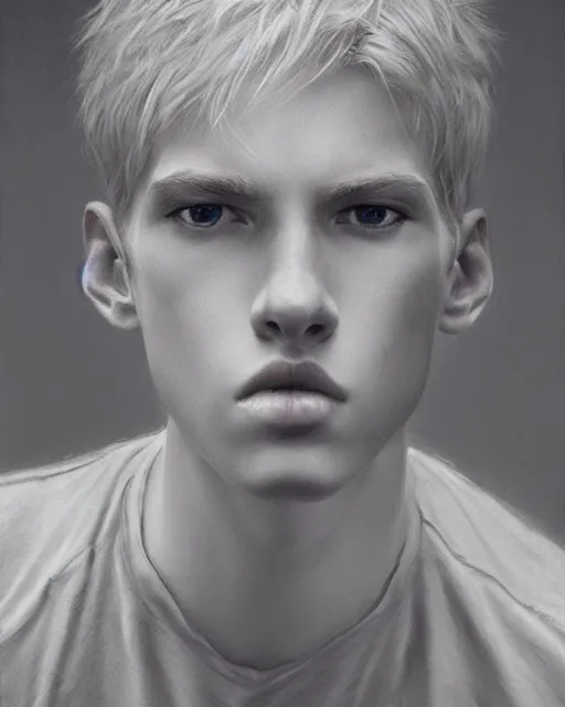 Image similar to portrait of 1 5 - year - old boy, a tall, slender boy with a pale, pointed face, white - blond hair, cold grey eyes, wearing in shirt hyper realistic face, beautiful eyes, fantasy art, in the style of greg rutkowski, intricate, hyper detailed, smooth