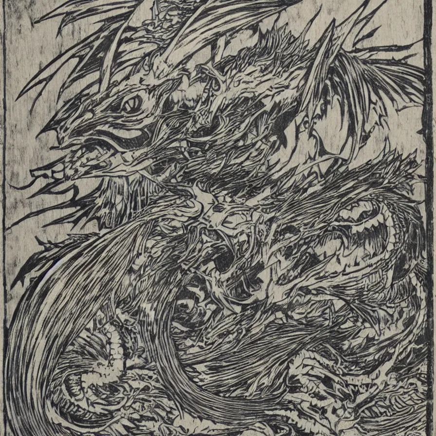 Image similar to Lucina from Fire Emblem as a dragon, traditional Japanese woodcut