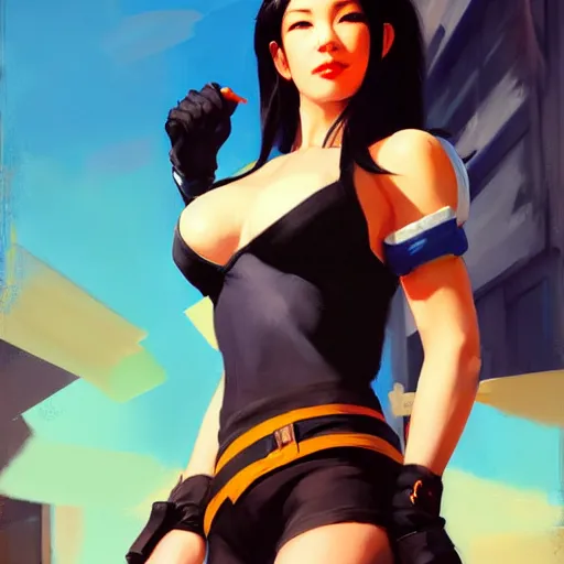 Image similar to Greg Manchess portrait painting o Tifa Lockheart as Overwatch character, medium shot, asymmetrical, profile picture, Organic Painting, sunny day, Matte Painting, bold shapes, hard edges, street art, trending on artstation, by Huang Guangjian and Gil Elvgren and Sachin Teng