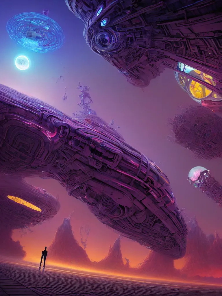 Image similar to entrance to ethereal realm, humans and robots, rendered in unreal engine, central composition, symmetrical composition, dreamy colorful cyberpunk colors, 6 point perspective, fantasy landscape with anthropomorphic!!! terrain!!! in the styles of igor morski, jim warren, and rob gonsalves, intricate, hyperrealistic, volumetric lighting, big sky, distinct horizon