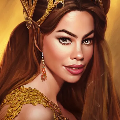 Image similar to a portrait of sofia vergara as an arabian princess in a disney movie, crown!! oil painting, pale colors, high detail, 8 k, wide angle, trending on artstation,