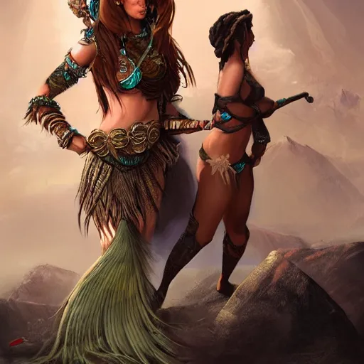 Prompt: very beautiful female tribal warrior next to a beautiful mermaid, happy appearance, ioyful vibe and lighting, cgsociety, artstation, in the style of artgerm