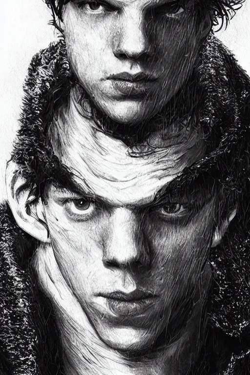 Prompt: Jesse eisenberg as a young man, shaved head, punk, tattered leather coat, intricate, elegant, dramatic lighting, highly detailed, lifelike, photorealistic, digital painting, artstation, illustration, concept art, smooth, sharp focus, art by John Collier and Albert Aublet and Krenz Cushart and Artem Demura and Alphonse Mucha