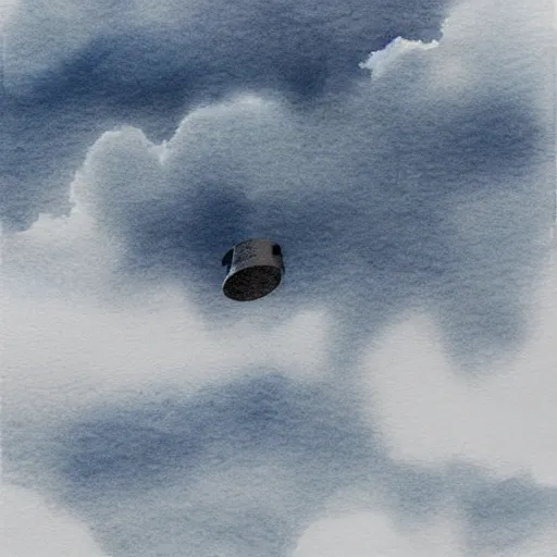 Image similar to high - angle view, from 1 0 0 0 feet in distance, vague uap interstellar vehicle on top of dramatic moody clouds in the sky, muted ink and pearlescent watercolor. minimalist, detailed, muted colors. ue 5