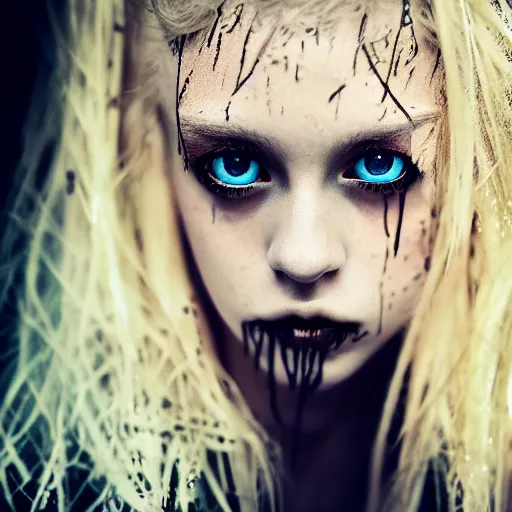 Image similar to A gorgeous blonde, grungy, unkept hair, glowing eyes, modelsociety, wet from rain, radiant skin, huge anime eyes, bright on black, dramatic, studio lighting, perfect face, intricate, Sony a7R IV, symmetric balance, polarizing filter, Photolab, Lightroom, 4K, Dolby Vision, Photography Award