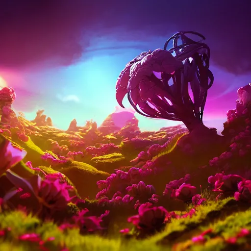 Image similar to an epic flowering alien landscape in the style of origami, 8 k, cinematic light, artstation