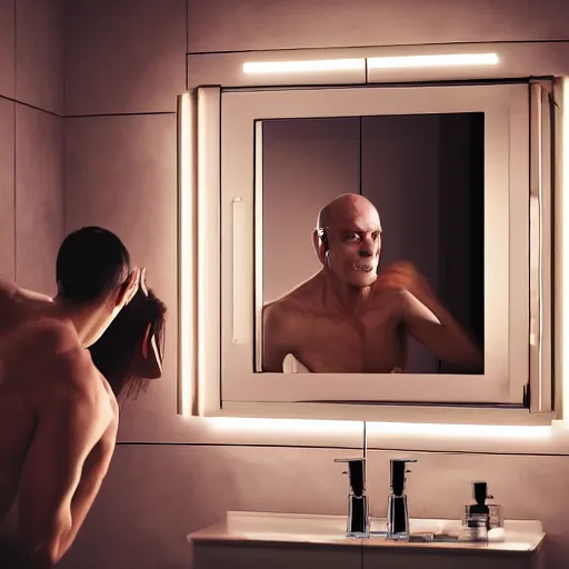 Prompt: vecna doing his daily skincare routine in a fancy bathroom, realistic photo, 4 k, uhd, mirror