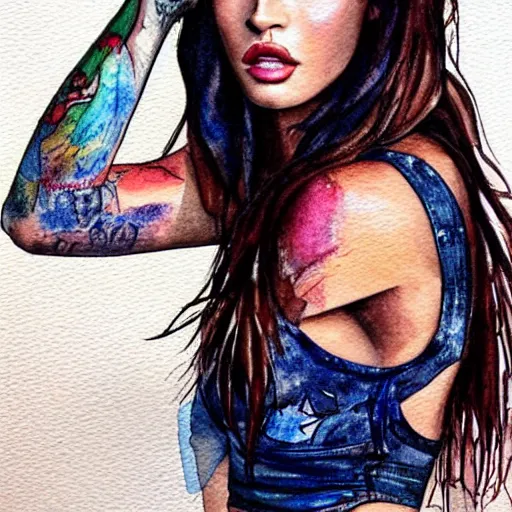 Image similar to megan fox, watercolor art, watercolor painting, aquarelle, tattoo, ultra detailed