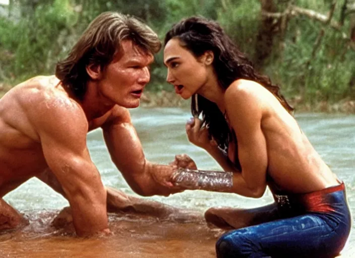 Image similar to gal gadot oil wrestling with patrick swayze, movie still, from the movie road house, 8 k, realistic