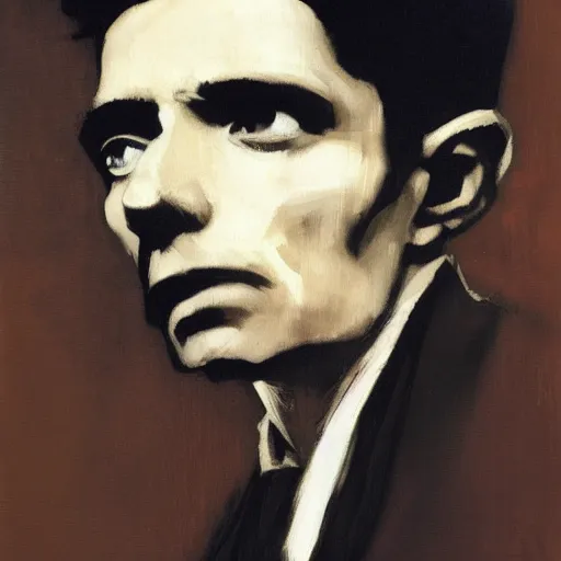 Prompt: Franz Kafka in penumbra by Phil Hale and Caravaggio