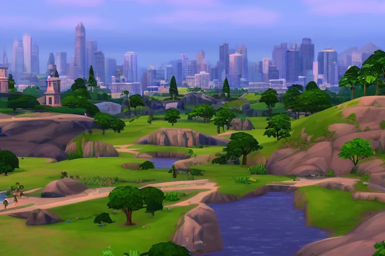 Prompt: serene landscape with a city on the Background in the style of Sims 4
